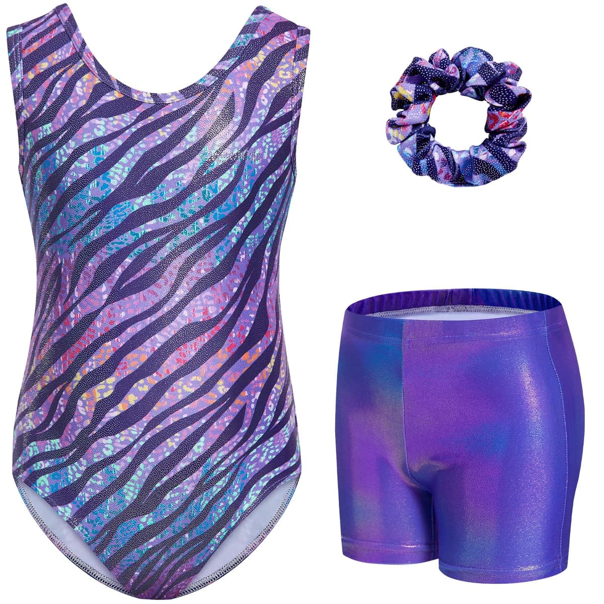 Gogokids Conjunto de gimnasia de tres piezas para niña, cuello en Y, sin mangas, con pantalones cortos y diadema, traje de gimnasia con diseño de bloques de color azul y morado, 3-12 años — view 22