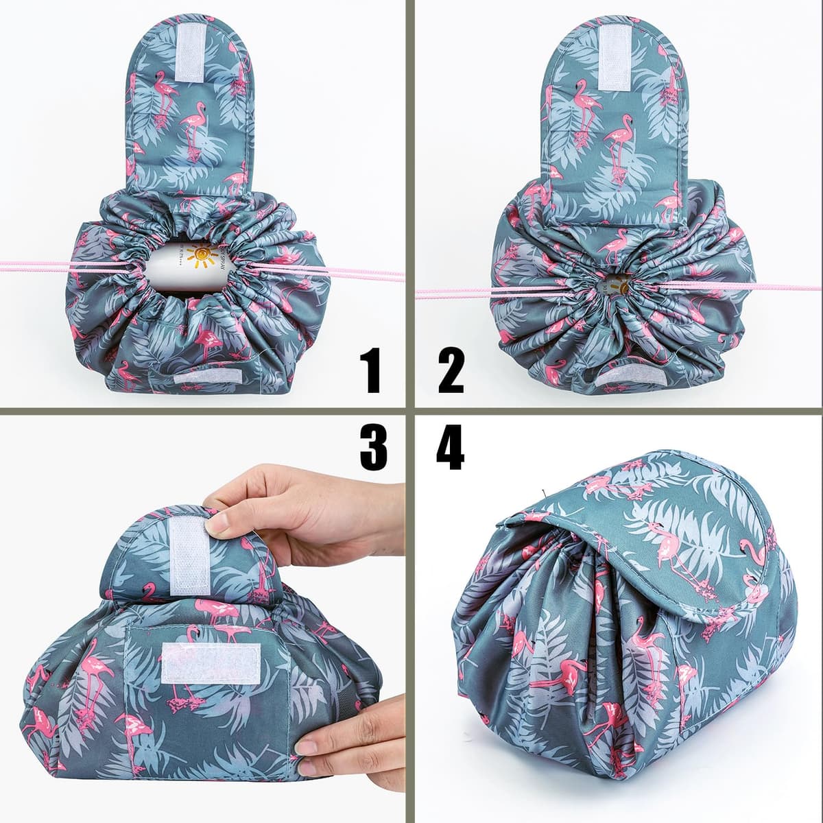 Lazy Drawstring Makeup Bags, Large Capacity Waterproof Travel Portable Cosmetic Bag Pouch Makeup Pouch Storage Organiser for Women Girl (Flamingo) — view 3