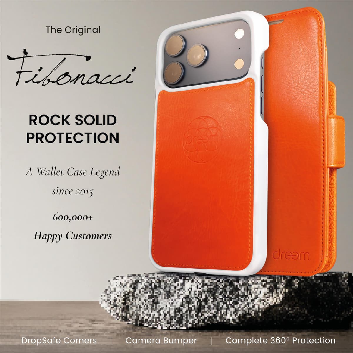 dreem Real Leather Wallet Case for iPhone 17 Pro Max, Revolutionary Vert/Hor Phone Stand, Magnetic Detachable Flip Cover RFID Blocking Card Holder, MagSafe-Fit, Gift Box [Fibonacci: Orange] — view 4