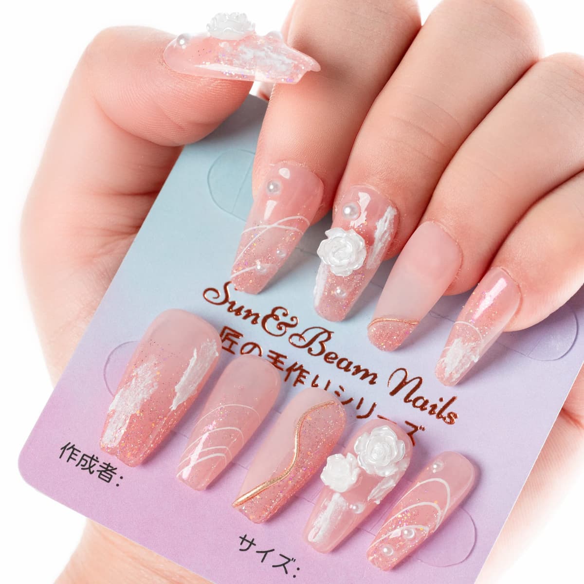 Sun&Beam Nails Handmade Press On Nail Long Coffin Ballerina Pink Flower Acrylic Fake Tip 3D Design Art Charms Cute with Storage Box 10 Pcs (S) — view 368