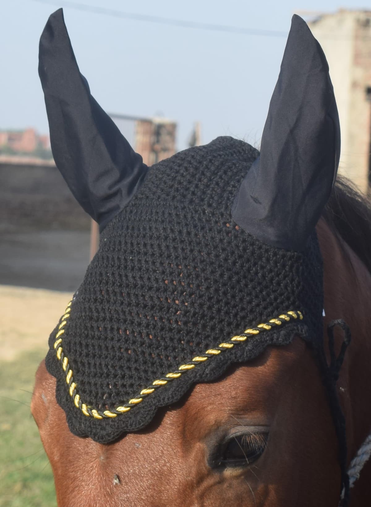 ZAINEE HORSE FLY VEIL EAR BONNET NET BREATHABLE COTTON HAT EQUESTRIAN (Pony, Black) — view 8