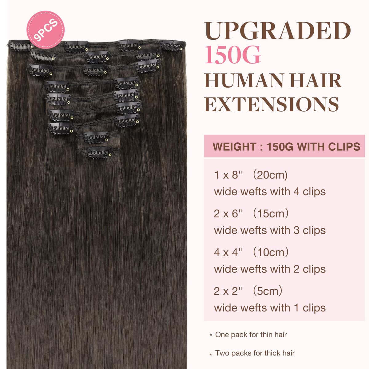 GOO GOO Clip in Hair Extensions Human Hair, 18inch 150g 9Pcs, #2 Dark Brown, Hair extensions for women, Human Hair Extensions Clip in — view 342