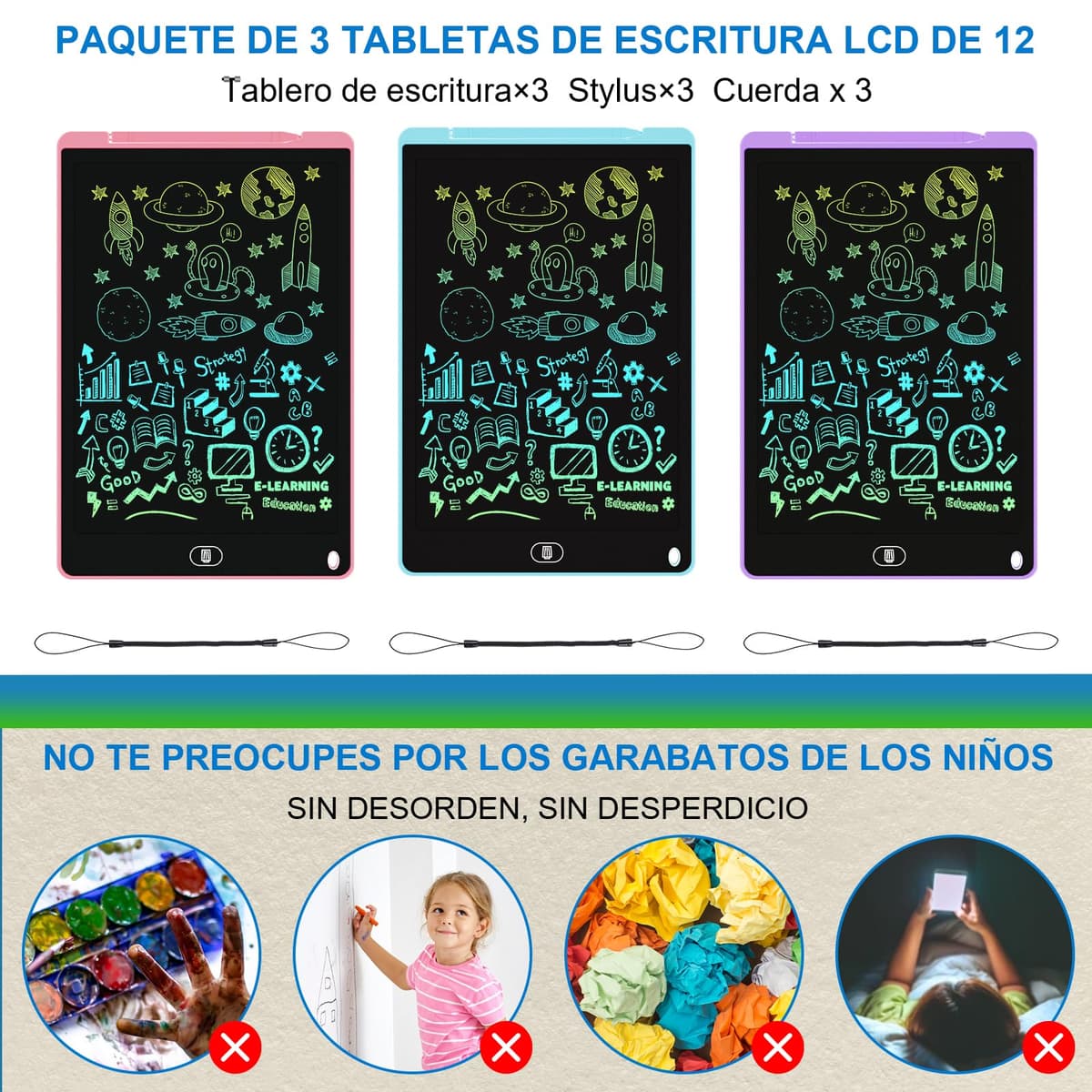 3 Packs 12 Pulgadas Tableta Escritura LCD, Electight Tablet Escritura Pantalla Colorido Infantil, Juguetes Educativo Niños con Borrable y Bloqueo Función, para el Hogar, Escuela, Azul+Rosa+Morado — view 5