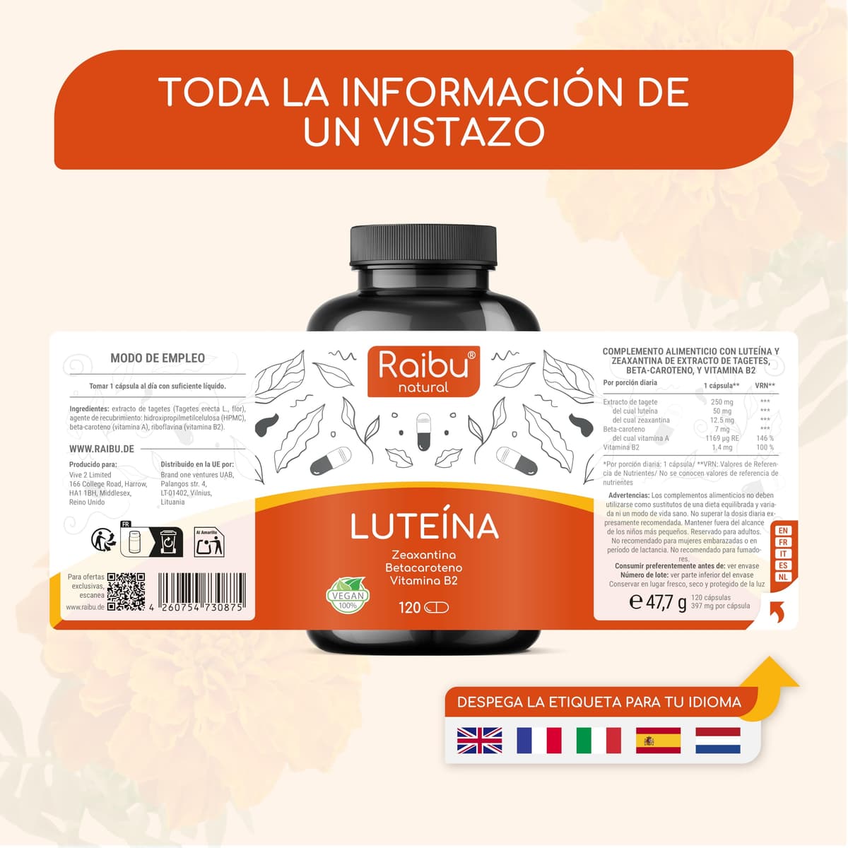 Lutein with Zeaxanthin Eyes - 50 mg Lutein with 12.5 mg Zeaxanthin - 4 Months Treatment - Vision Vitamins with Vitamin A & B2 - Non-GMO, Vegan, Gluten Free - 120 Capsules — view 7
