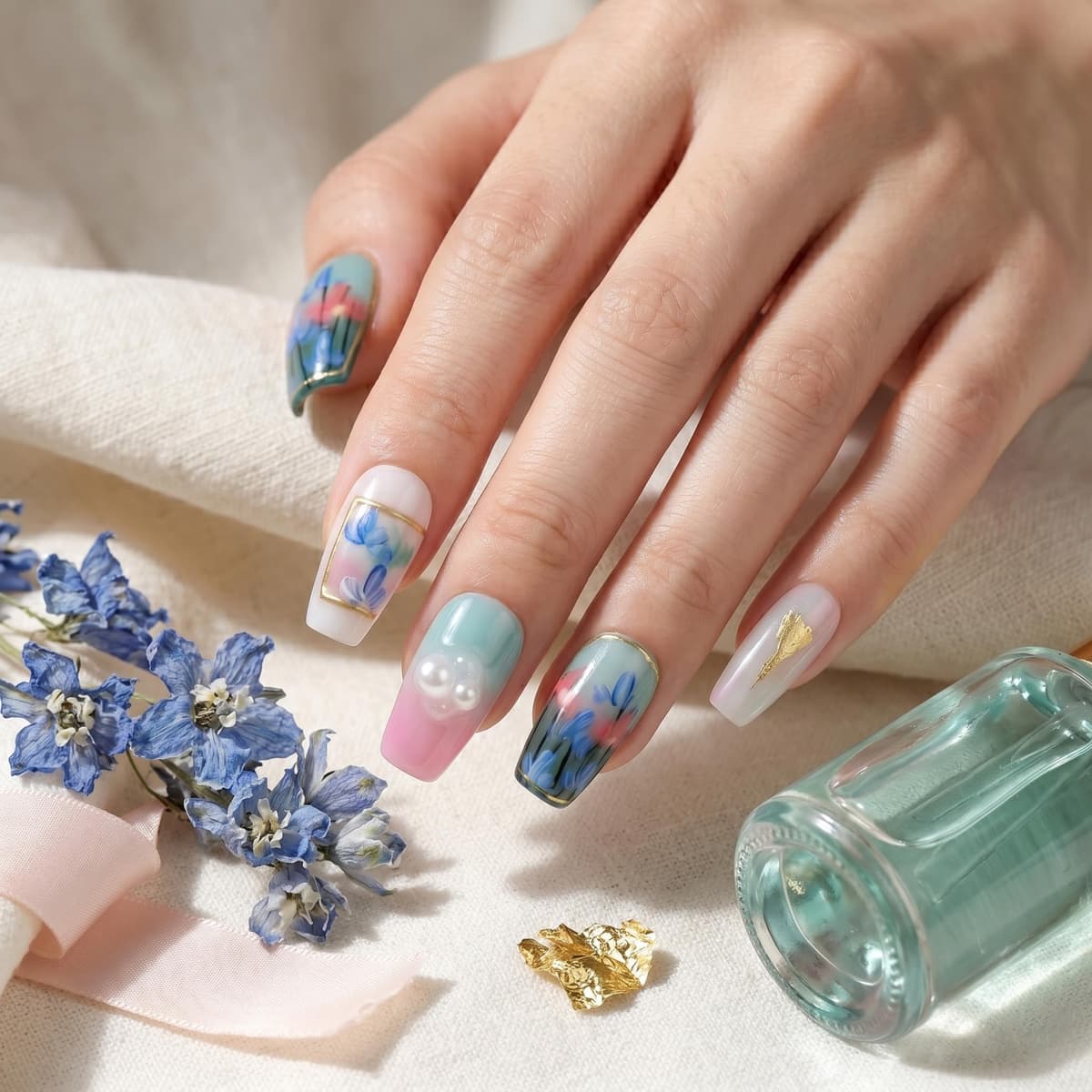 Sun&Beam Nails Handmade Press On Nails Short Square Nude Pink Blue Floral Glossy 10 Pieces Easy At Home Manicure for Everyday Wear (#013 XS) — view 2