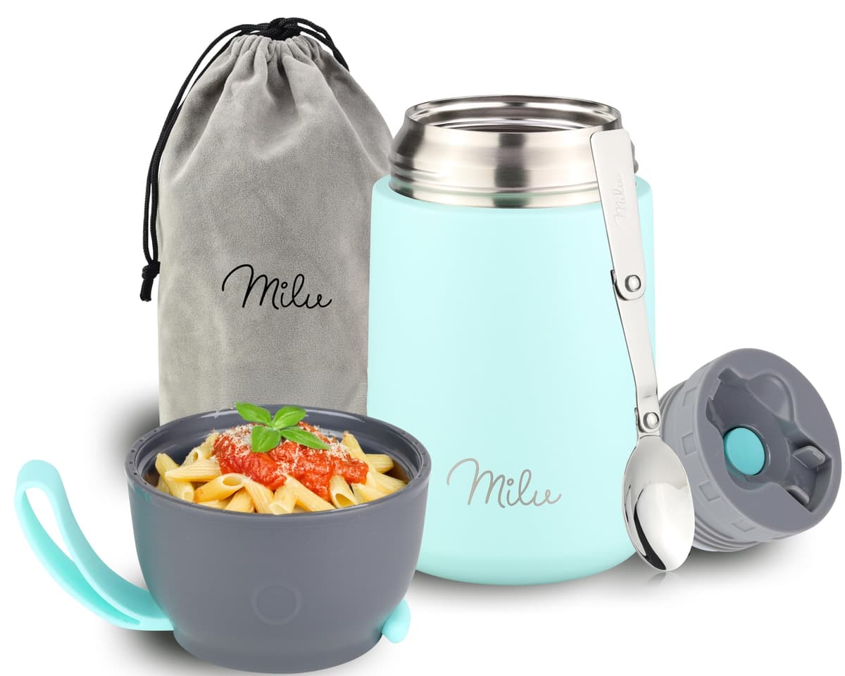 Milu Termo para Comida 450 ml Taza Aislada, Botella de Acero Inoxidable Aislada Alimentos, Beber y sopa de los niños de adultos Térmico (450ml/Verde Azul) — view 15