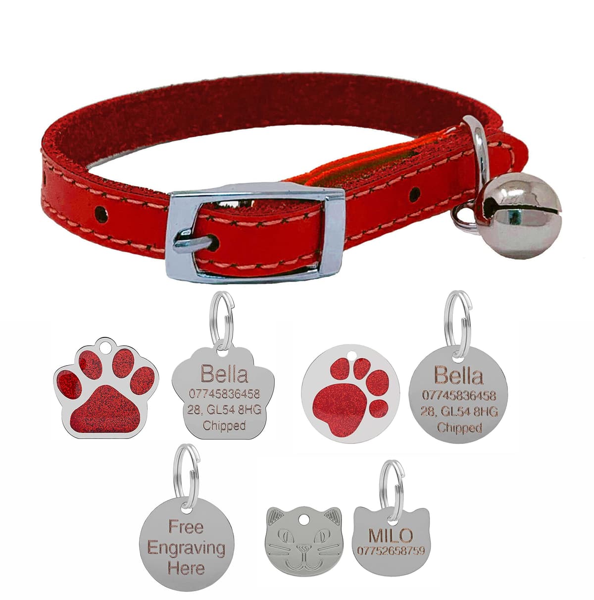Genuine Leather Cat Collar with Safety Elastic & Bell with Optional Personalised Engraved Tag (Pink, 25mm Glitter Paw Tag) — view 5
