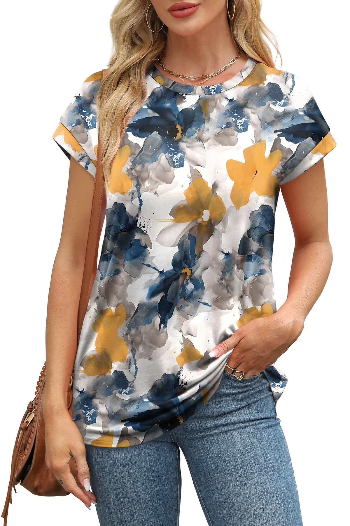 Aokosor Womens Summer Tops Floral Printed Short Capsleeve Shirts Crew Neck Cute Fashion Dressy Tunic Blouses for UK — view 3