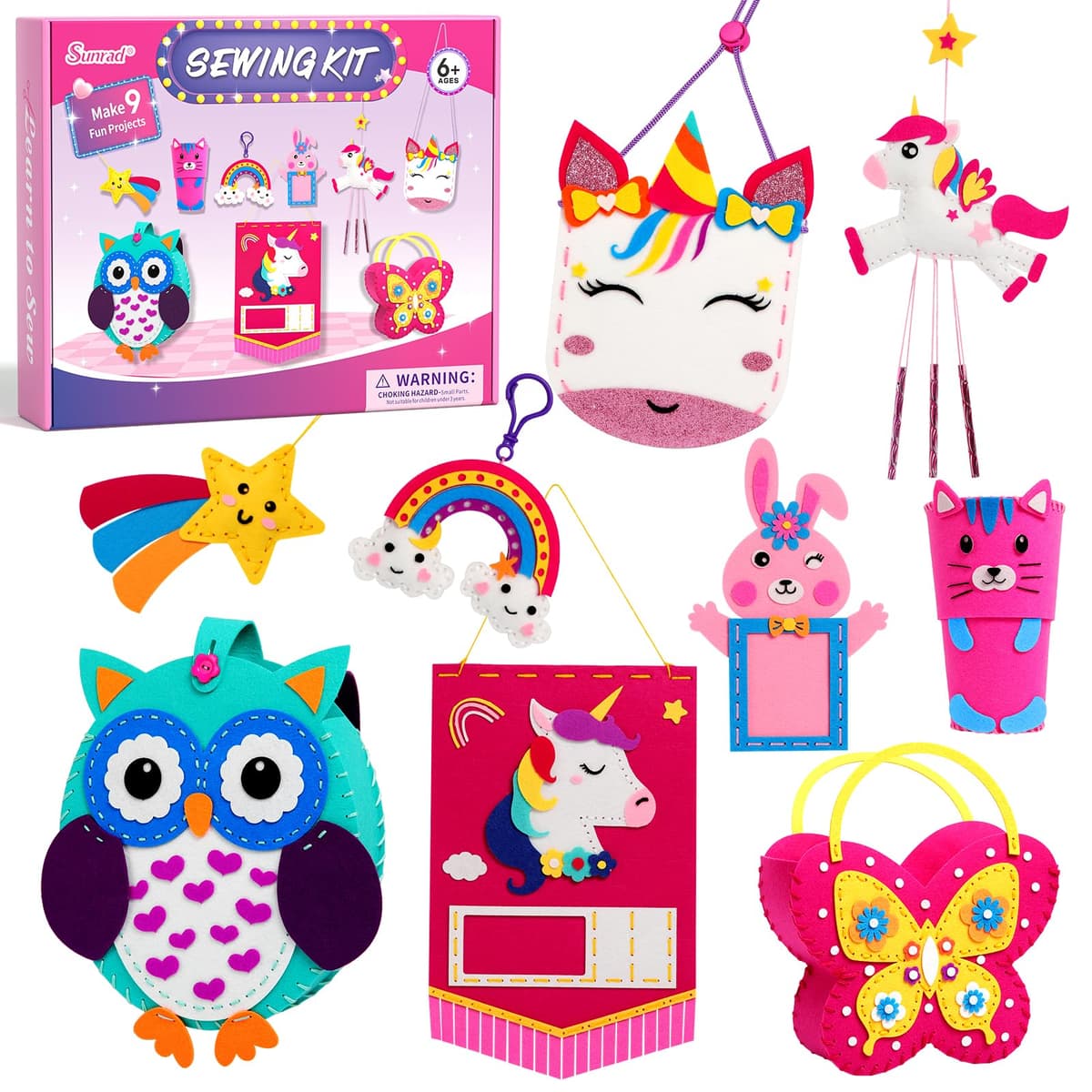 Sunrad Sewing Kit for Kids Toys for Ages 6-12 Girls, 9 Easy DIY Projects of Animal Felt Craft with Unicorn,Owl,Arts & Crafts for Beginner Gift for Girls Aged 6+ Suitable for Learning Sewing — view 9