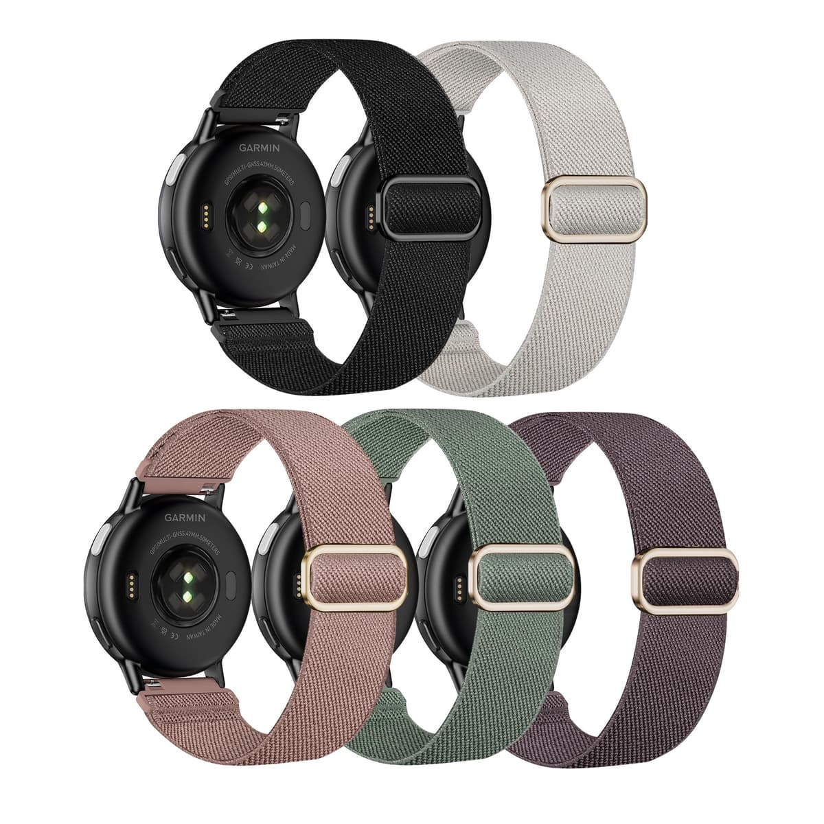 Laband 20mm Nylon Watch Straps for Garmin Vivoactive 6/5/3/3 Music/Forerunner165/55/645/245/570 42mm band, 5 Pack Soft Stretchy Fabric Adjustable Replacement Sport Straps for Venu/Venu Sq 2 Women Men