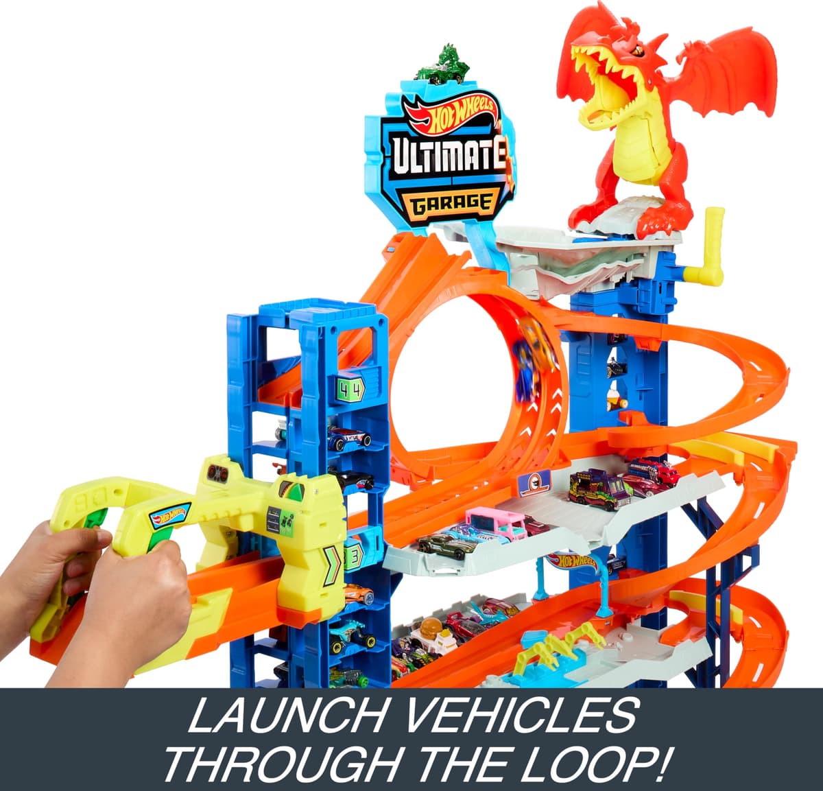 Hot Wheels City “Let's Race - ¡a Correr!” Netflix - Garaje definitivo Pista para Coches de Juguete con dragón y 4 Niveles, Incluye 2 vehículos, +4 años (Mattel HKX48) — view 5