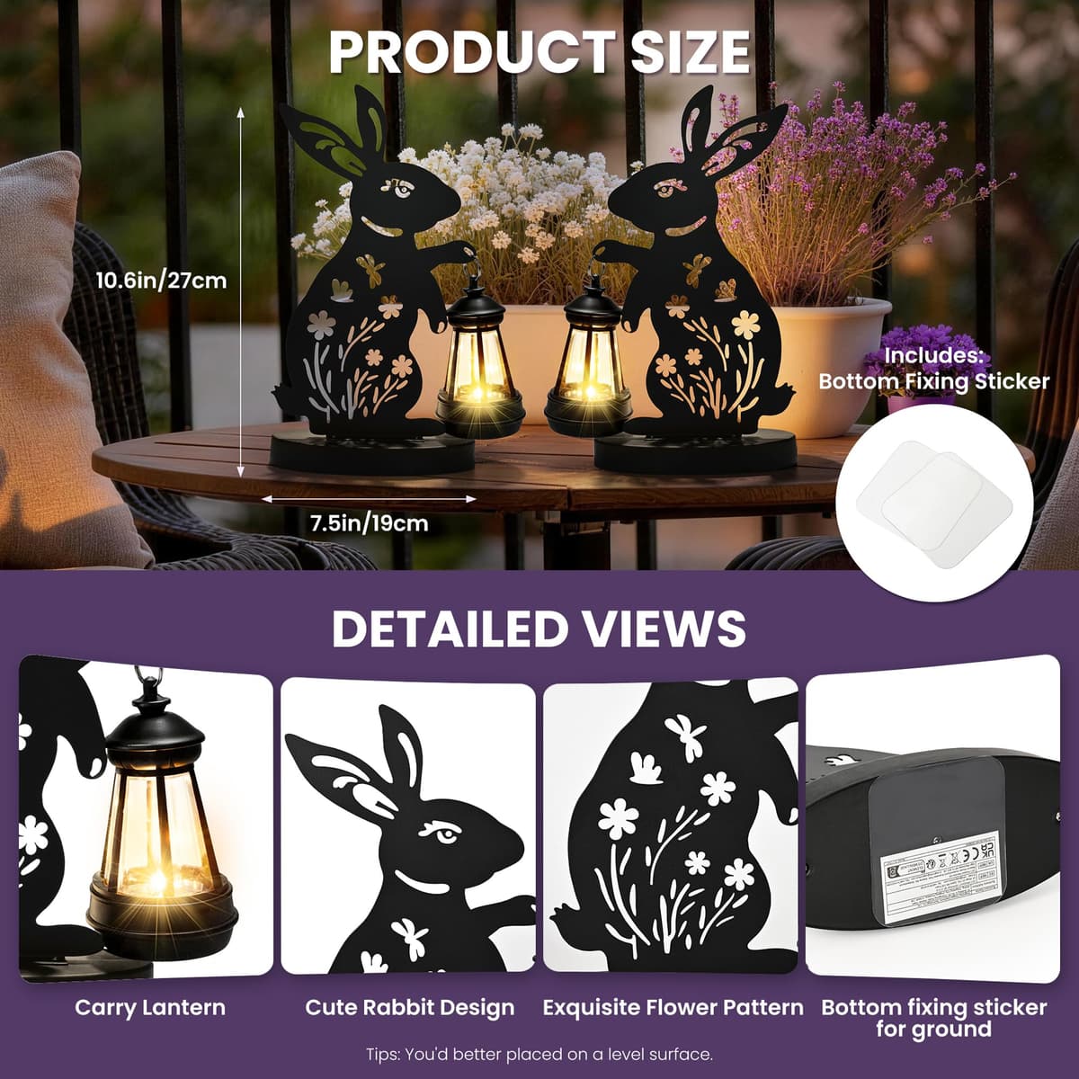 GIGALUMI Iron Rabbit Statue Garden Ornaments Outdoor with Solar Powered Lights,Unique Gifts for Mom,Women,Waterproof Garden Statue Decorations for Patio, Yard(2 Pack) — view 3