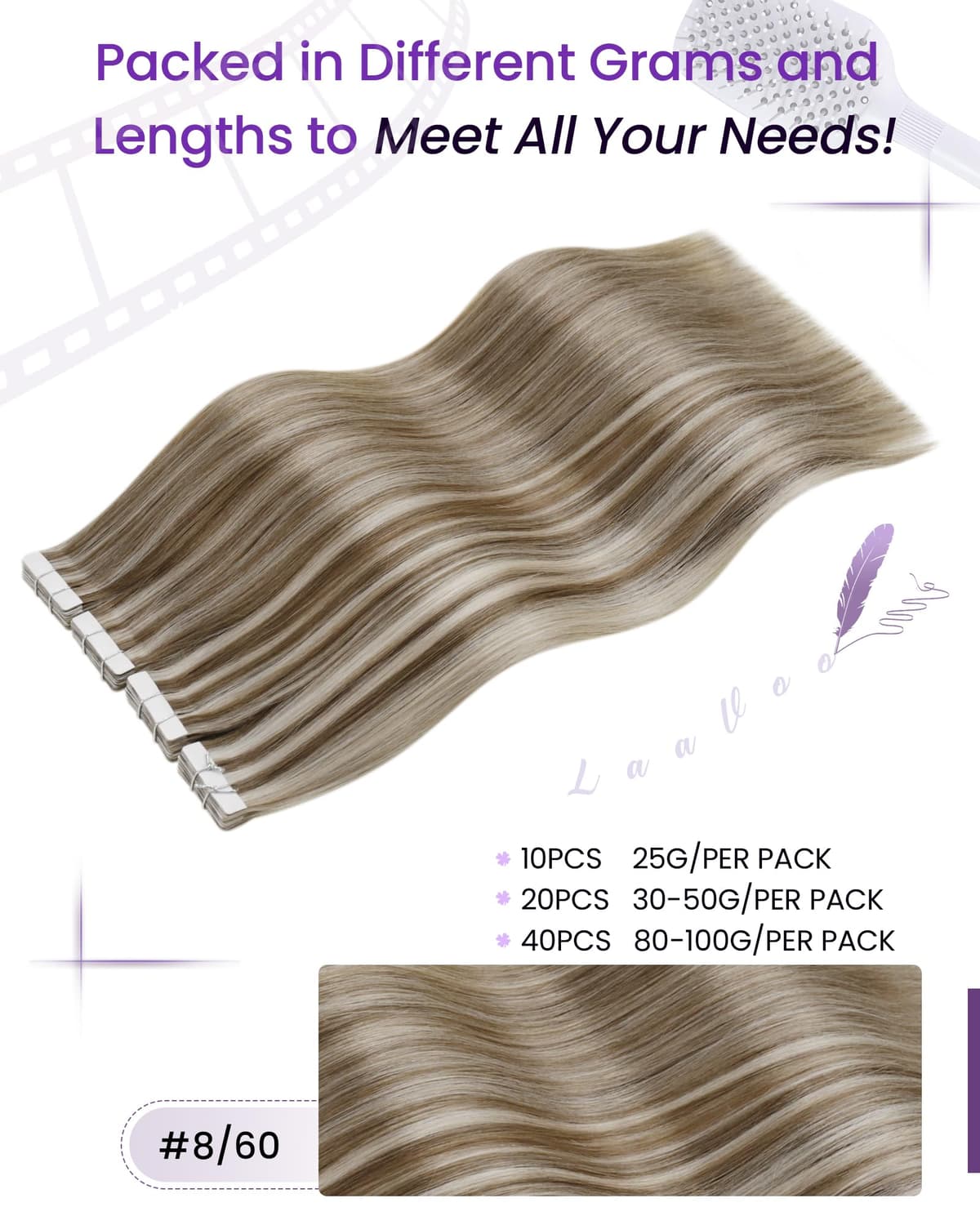 LaaVoo Tape in Hair Extensions Human Hair Blonde Tape Hair Extensions Real Human Hair Invisible Tapes Remy Straight Balayage Brown to Blonde Hair Double Sided Tabs 20pcs 50g 16 Inch #8/18/60 — view 45
