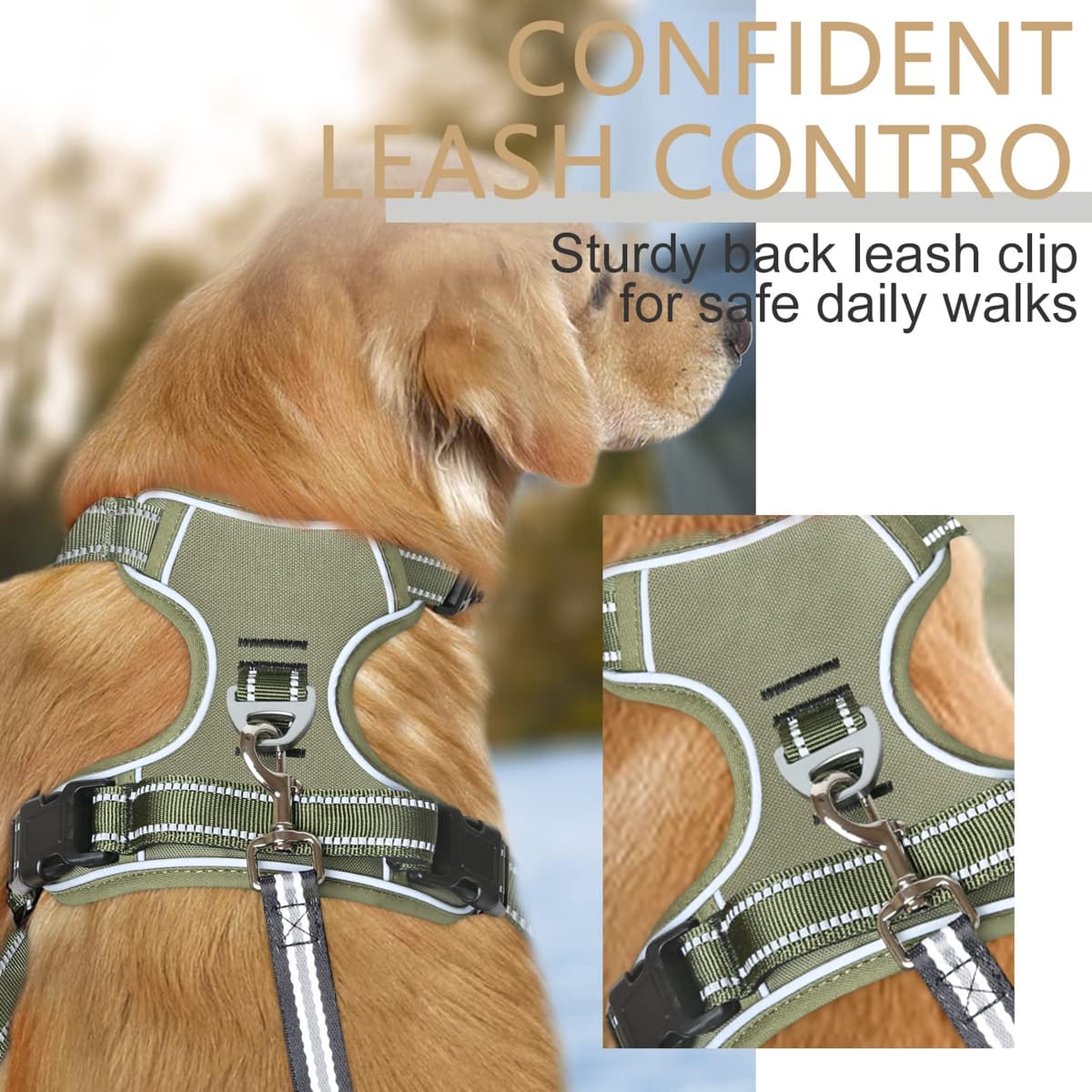 HEELE Dog Harness, No Pull Dog Harness Medium, Release on Neck, Front Back Clips Dog Vest Harness Reflective Adjustable Padded, Easy Control Handle for Outdoor Walking Training, Green, M — view 4