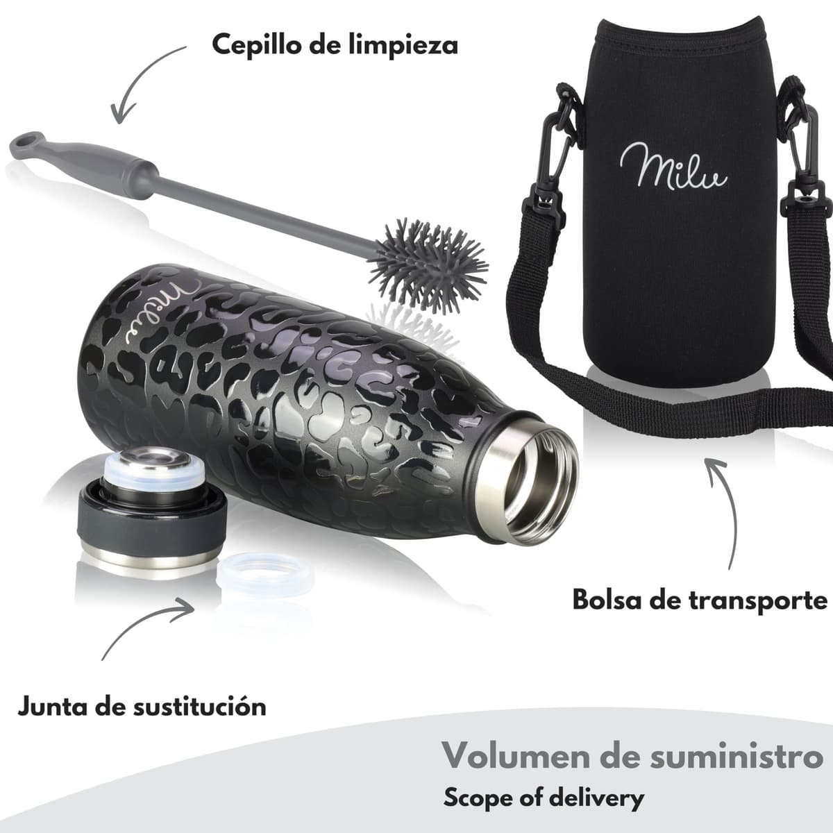 Milu Botella de acero inoxidable de 350ml 500ml 750 ml 1 L 1,5 L botella de agua aislada, termo a prueba de fugas, doble pared, apta para ácido carbónico + cepillo de limpieza (Azul Violeta, 350ml) — view 222