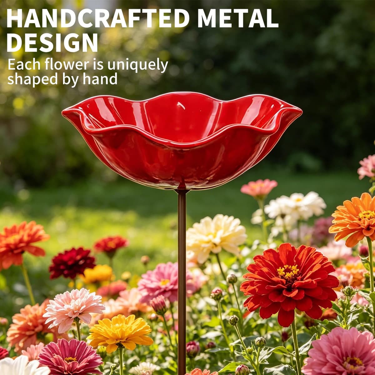 Handmade Metal Flower Garden Stake, Flower-Shaped Bee Watering Station for Garden, Dual-Function Metal Flowers Bird Bath & Pollinator Water Station, for Yard Lawn Patio Landscape Decor (Red,3PCS) — view 3