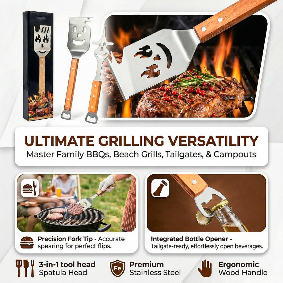 8 in 1 Multifunction BBQ Tools Set, Stainless Steel Spatula with Wooden Handle, Fork & Bottle Opener, BBQ Accessories & BBQ Gifts for Men, Gifts for Dad/Husband — view 2