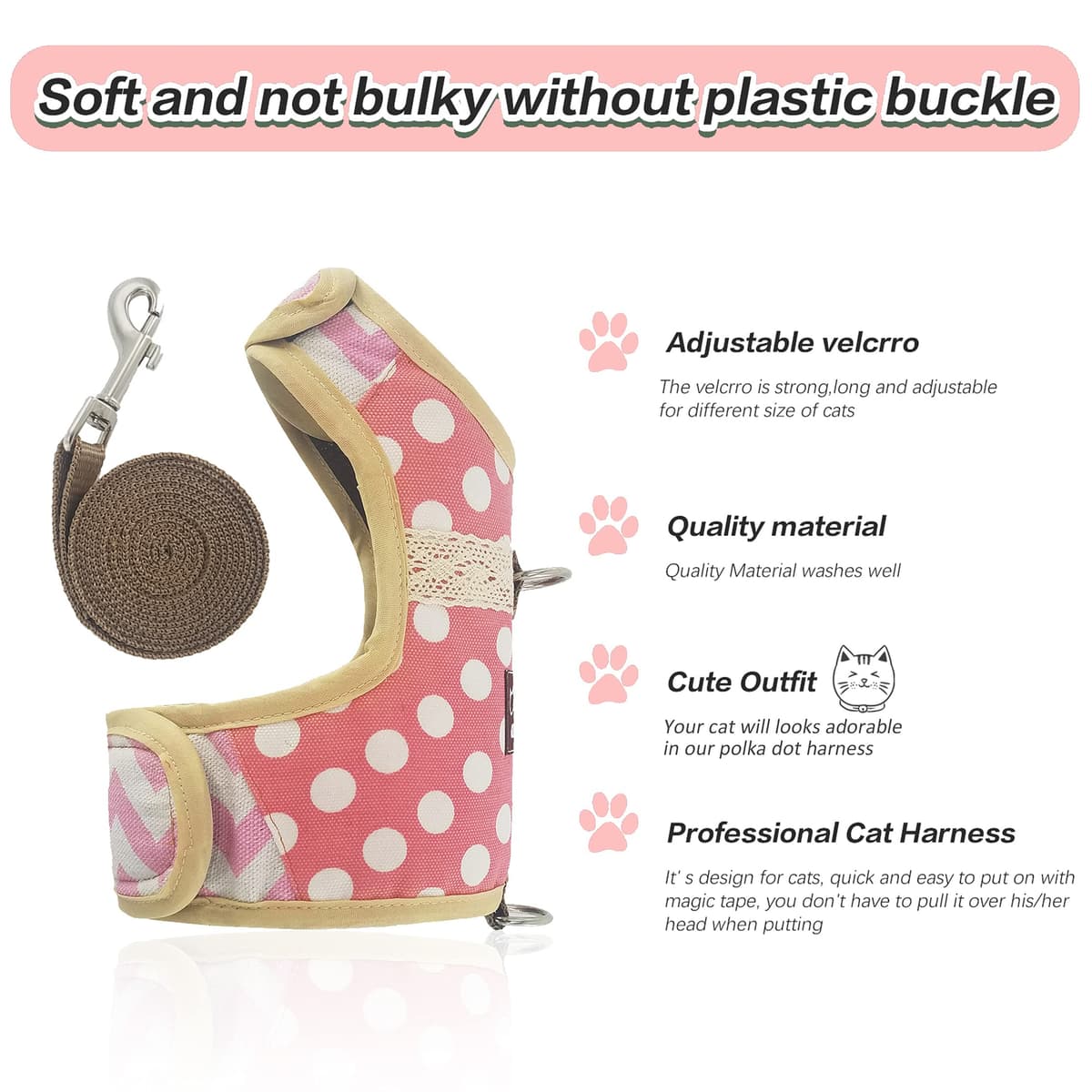Yizhi Miaow Escape Proof Cat Harness with Leash Large, Adjustable Cat Walking Jackets, Padded Cat Vest Polka Dot Pink — view 4