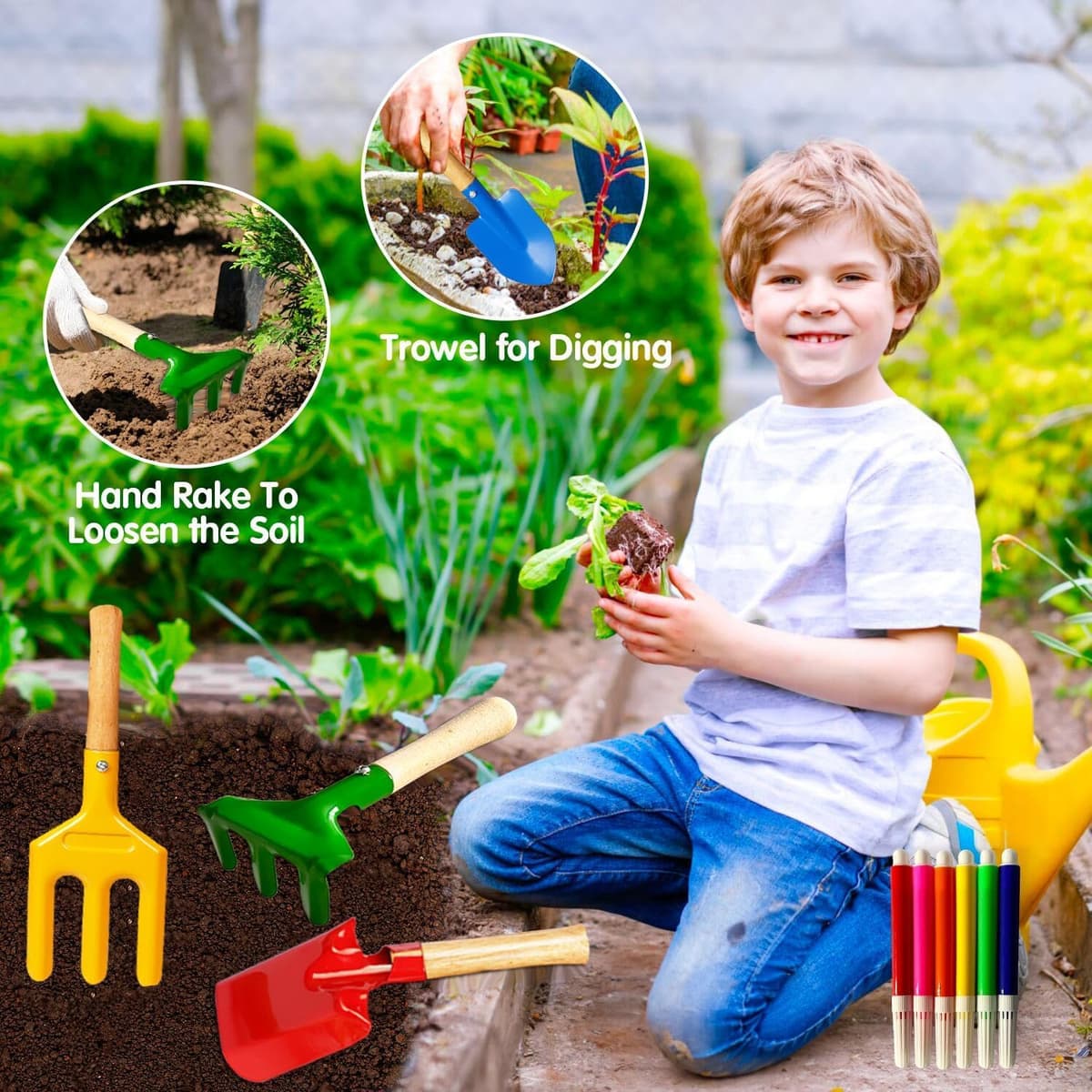 Kids Gardening Tools, Toddler Gardening Set for Kids Includes Rake, Shovel, Trowel, Apron Gloves Watering Can and Tote Bag, Spray Bottle, Kids Garden Tools Best Outdoor Toys Gift for Boys and Girls — view 3