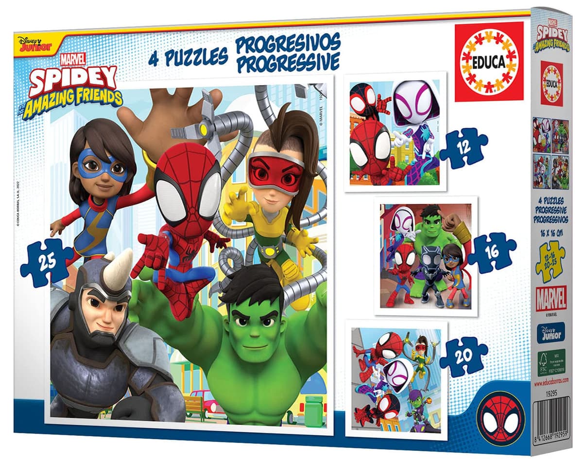 Educa - Progresivos Spidey and His Amazing Friends 12-16-20-25 4 Puzzles progresivos de cartón con 12-16-20-25 Piezas Medida aproximada de Cada Puzzle 16 x 16 cm A Partir de 3 años (19295) — view 3