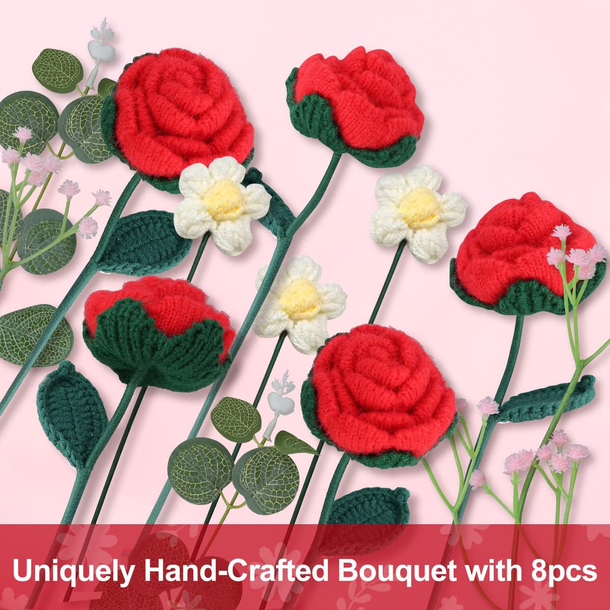Foyucool Ramo de Flores de Ganchillo, Ramo Terminado Hecho a Mano con Bolsa de Regalo, Manualidad para Adultos, para Bodas, Día de la Madre, Día del Maestro y San Valentín, Rosa Roja — view 5