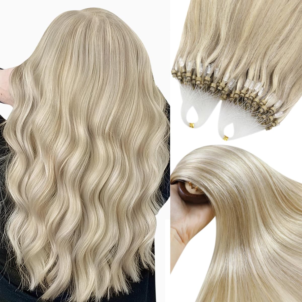 YoungSee Nano Hair Extensions Blonde 16inch Nano Beads Hair Extensions Warm Ash Blonde Highlight Bleach Blonde Nano Ring Hair Extension Highlight for School Soft Cold Fusion 50s 50g — view 24