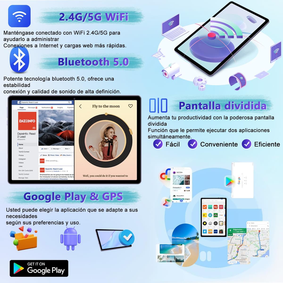 fezawio Android 15 Tablet 10 Pulgadas Gemini AI, Tablet PC Octa-Core, 30 GB RAM + 64 GB ROM (1TB TF), 3.5mm Audio/GMS/WiFi 6 & BT 5.0 / 6000mAh / GPS/Widevine L1, Tableta con Teclado-Morado — view 4