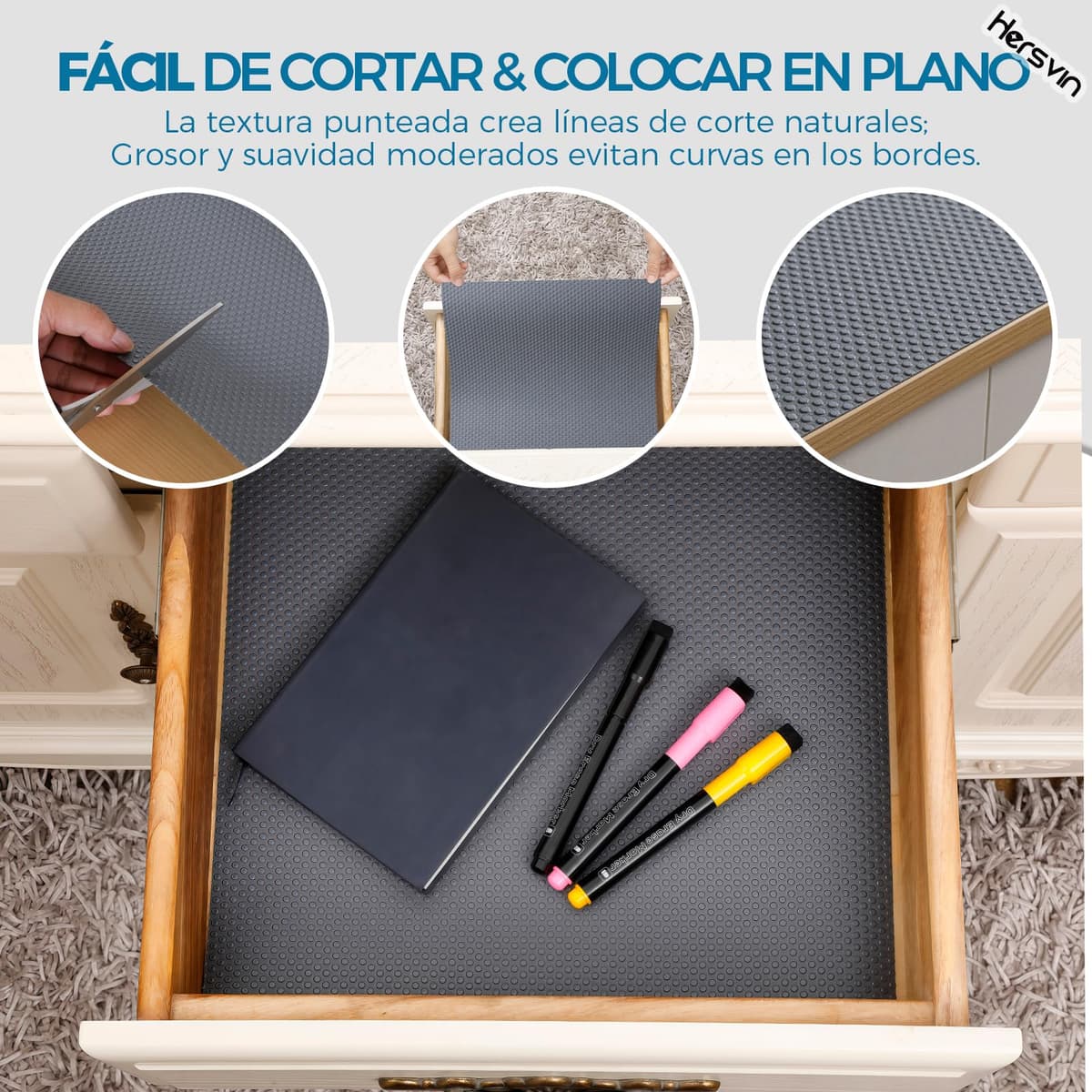 Hersvin 45cmx500cm Plastico Protector para Cocina Cajones, Alfombras Non Adhesivo para Nevera Mueble Fregadero Estante Organizador Cubiertos EVA Cubre Encimera(Gris Oscuro/Punto) — view 5