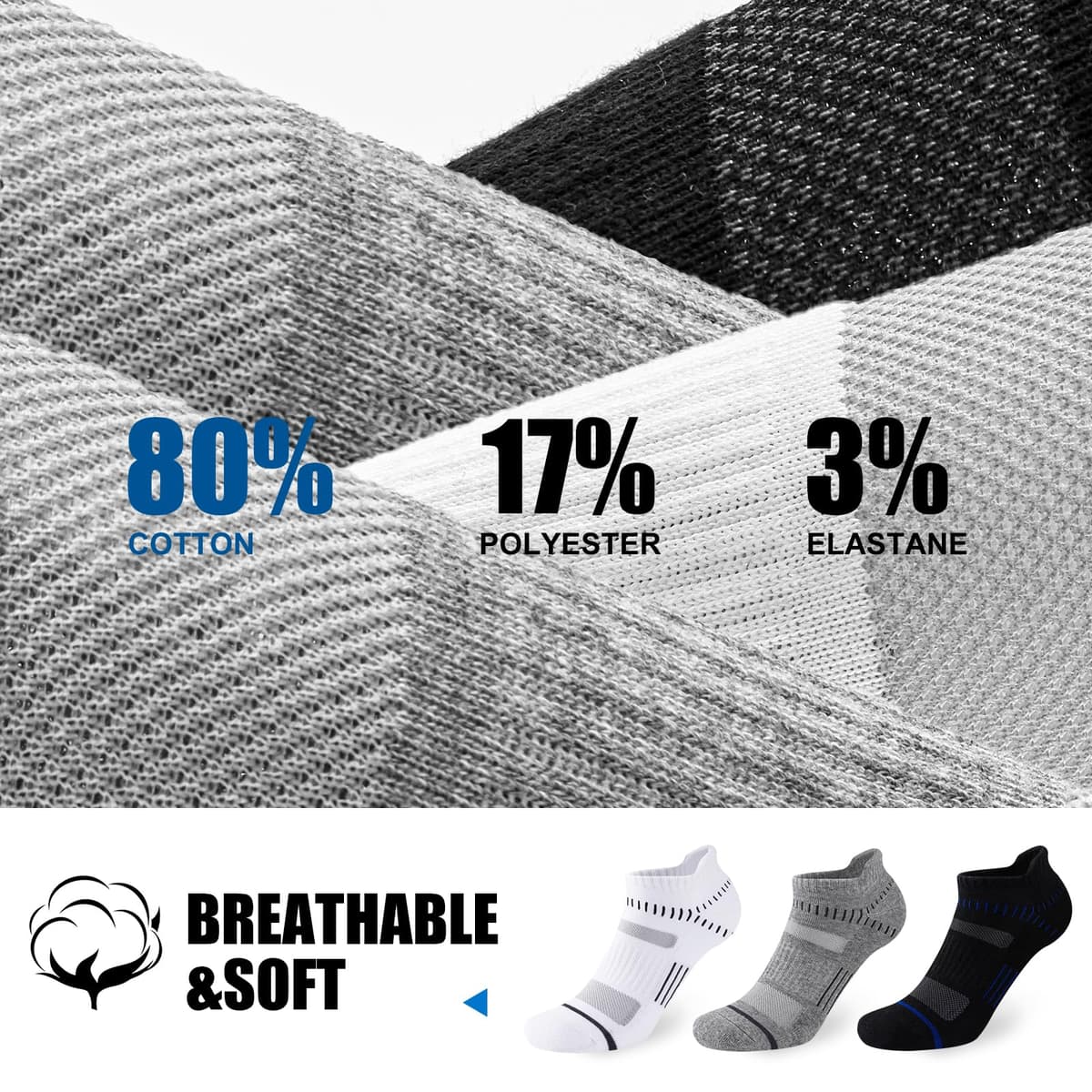 Niofind Calcetines Hombre Deporte 6 Pares, Cortos Amortiguados Unisex, Algodón Transpirable Secado Rápido, Running Caminar Senderismo, Negro/Blanco/Gris — view 3