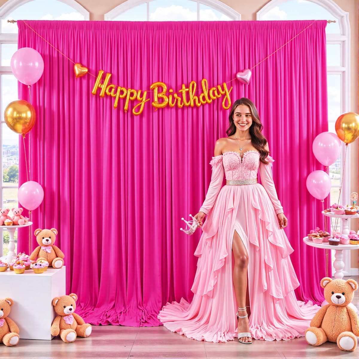 Suppromo 6 Panels Hot Pink Backdrop Curtain for Parties Fuchsia Wrinkle Free 30ft x 10ft Backdrop Drapes Panels for Baby Shower Birthday Photo Photography Fabric Background Decoration — view 4