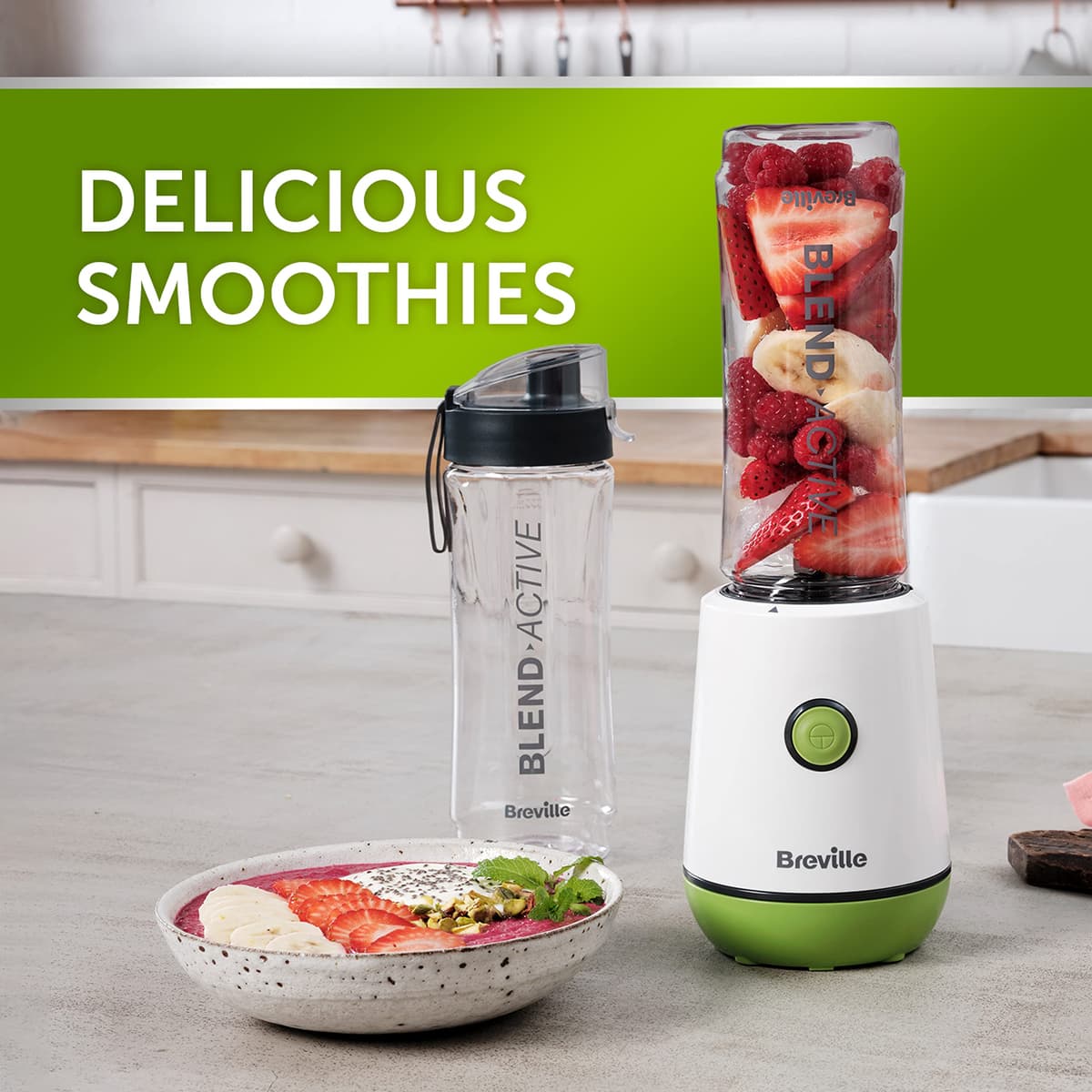 Breville Blend Active Personal Blender & Smoothie Maker | 350W | 2 Portable Blend Active Bottles (600ml) | Leak Proof Lids | White & Green [VBL246] — view 3