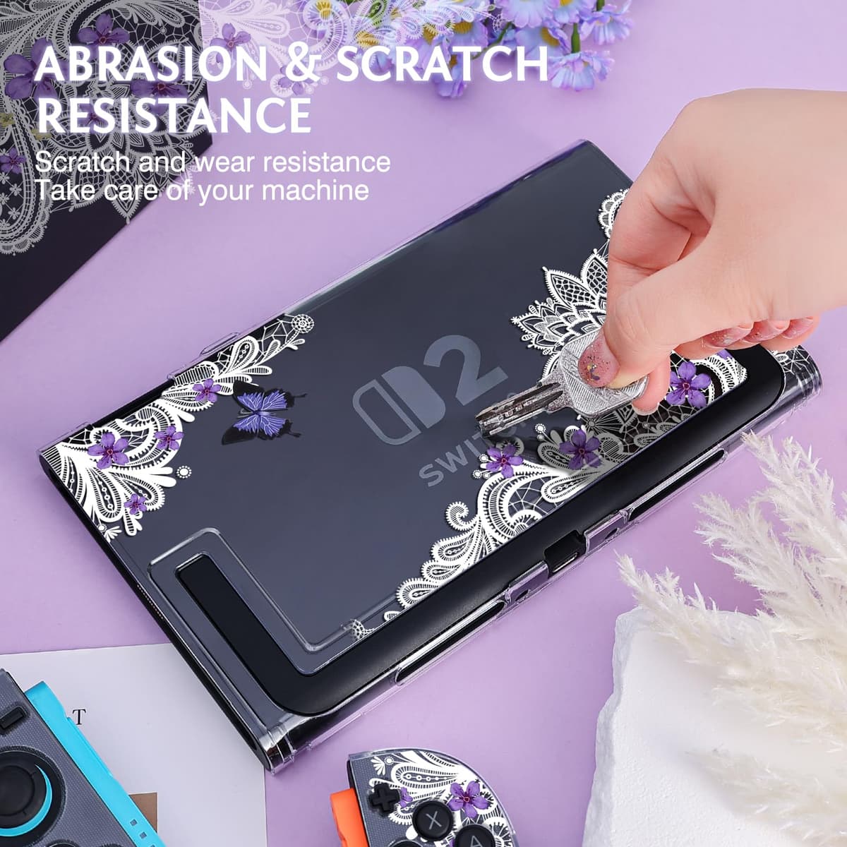 DLseego Clear Case Compatible with Switch 2,Anti-Scratch Slim Cover Case Pretty Printed Flowers PC Hard Protective Shell for Switch 2 with 2 Soft Joy-C Handle Cover,Butterfly Lace — view 5