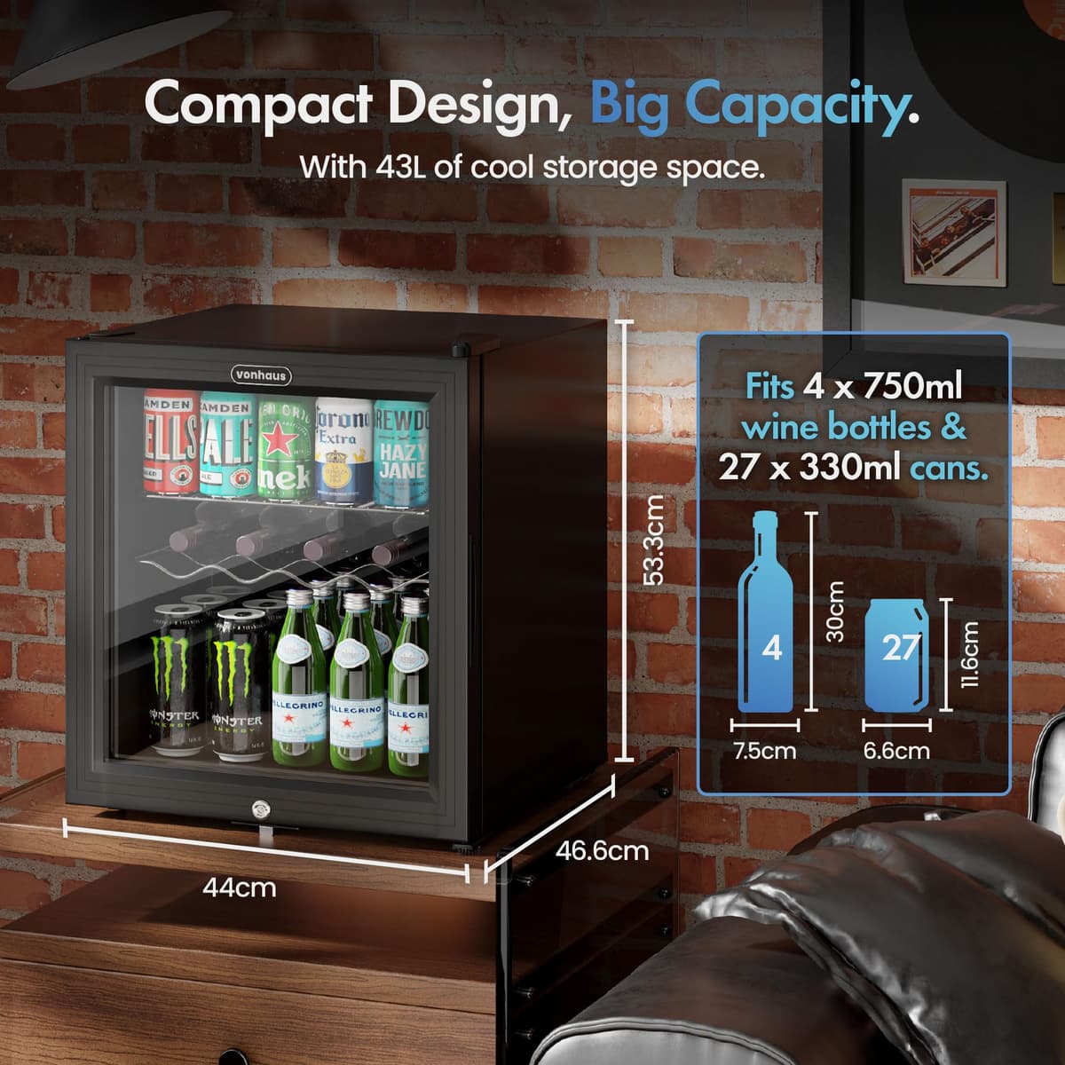 VonHaus Drinks Fridge 50L – Mini Beer & Wine Fridge with Reversible Glass Door & LED Light, Auto Defrost, 0-20°C, Lock & Keys, Table Top Drinks Refrigerator with 43L Net Capacity — view 2