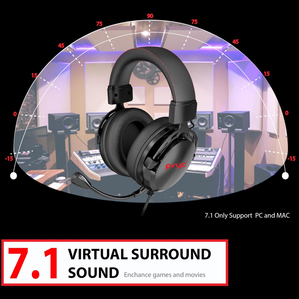 Gaming Headset SUMVISION SERAPH Gaming Headphones Wired 7.1 Surround Sound 3.5mm Aux USB Built in Mic & FREE Soundcard Amplifier PC Mac Laptop Tablet PS4 PS5 Xbox series(FREE UK TECH SUPPORT) — view 3