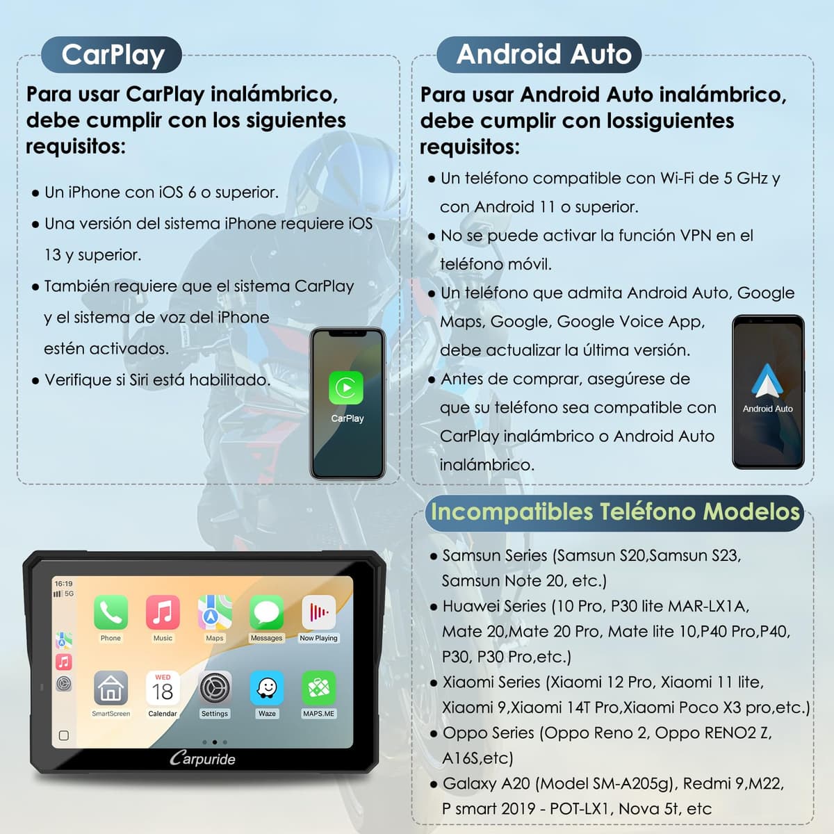 Carpuride W702T Pro Motocicleta Carplay Pantalla con TPMS Sistema, Inalámbrico CarPlay y Android Auto, 7" Impermeable Táctilpantalla, Dual Bluetooth, Intercomunicador Función, Nav, Brújula, Barómetro. — view 9