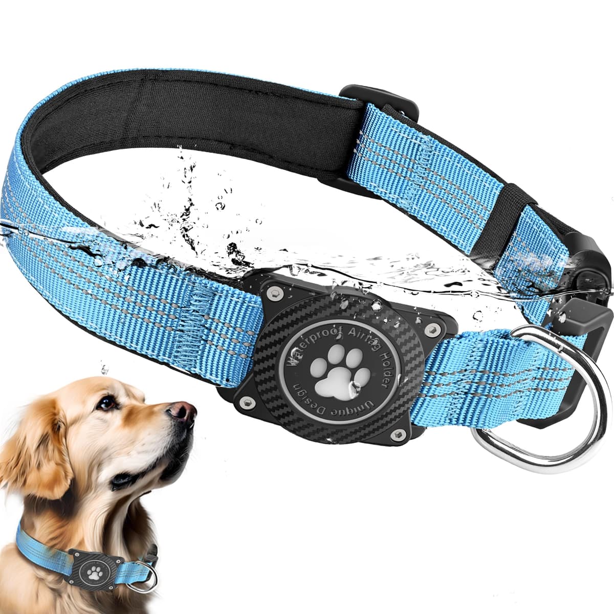 AirTag Collar Perro Impermeable Integrado Luminoso Soporte de Apple Air Tag Reflectante Anti-Pérdida Protección, Azul 02, XL