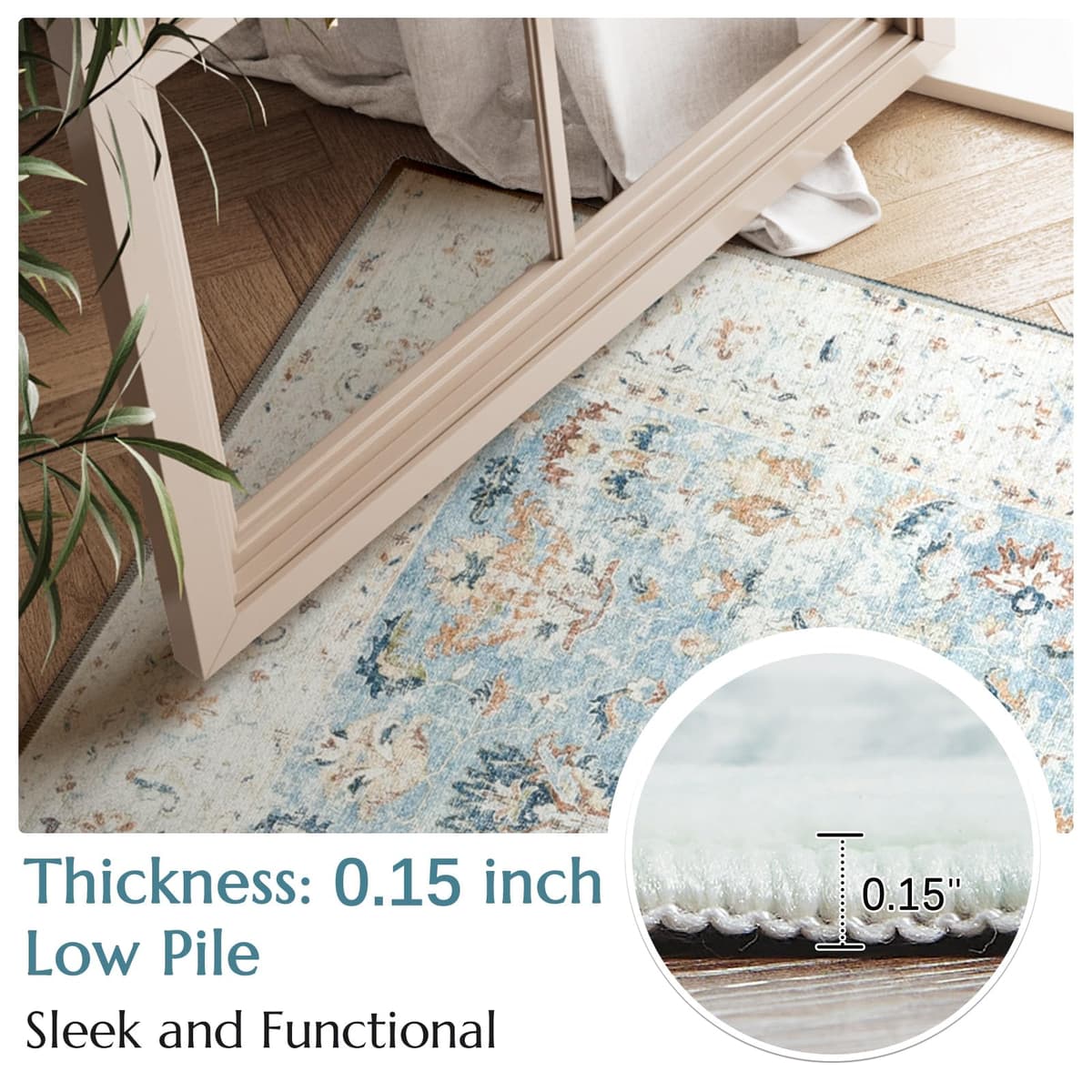 JINCHAN Area Rug 2x5 Runner Rug Door Mat Vintage Distressed Rug Doormat Entrance Mat Foldable Thin Rug Blue Floral Print Carpet Non Slip Boho Farmhouse Kitchen Living Room Bedroom Dining Room — view 3
