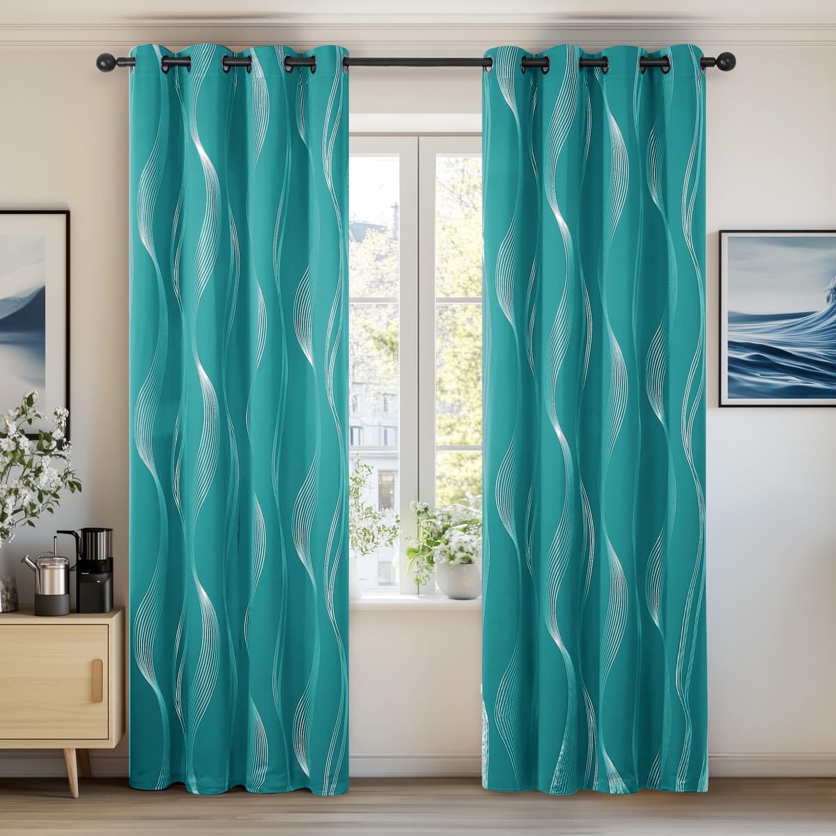 Deconovo Grey Blackout Curtains for Living Room 72 Drop Silver Wave Line Foil Printed Blackout Curtains Thermal Insulated Curtains Eyelet Curtains for Baby Nursery 46 x 72 Inch Light Grey Two Panels — view 41