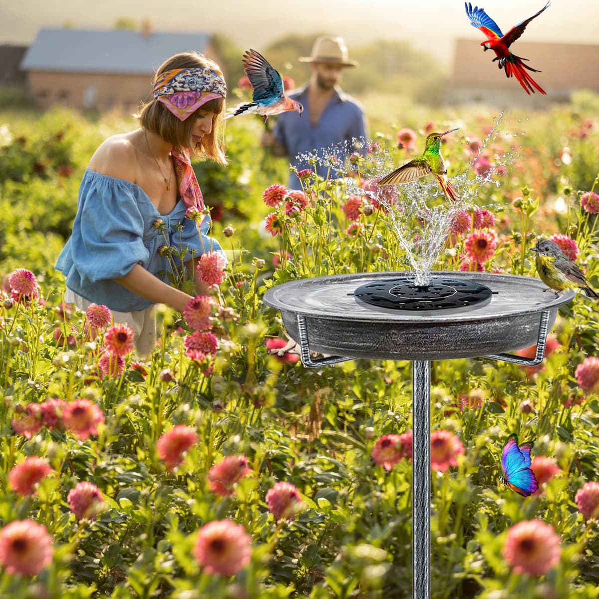 Bird Bath for Outdoors, Metal Garden Birdbath Bowl for Outside with 4 Prongs Base Stake, Bird Feeder for Garden Yard Lawn Deco (Retro Silver) — view 4