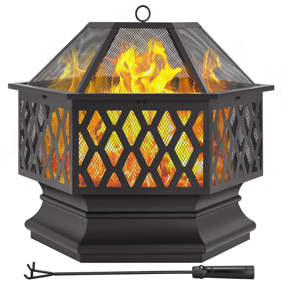 Yaheetech 66cm Fire Pit Hex-Shaped Wood Burning Outdoor Fire Bowl for Camping, Fire Pits for Garden with Spark Screen & Fire Poker