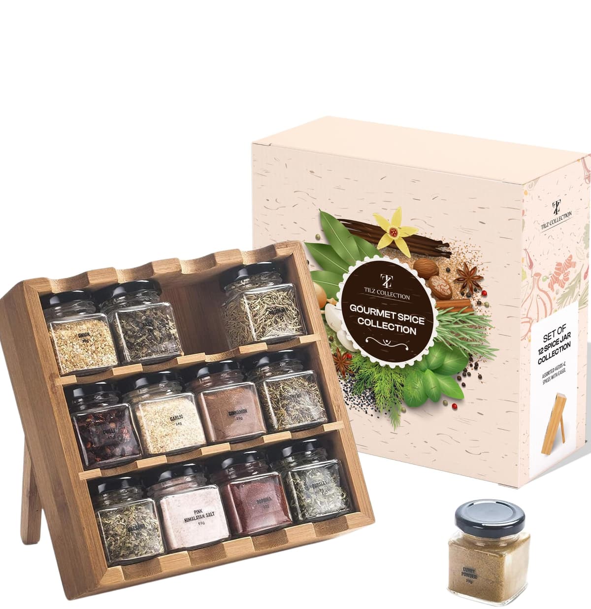 Spice Rack - 12 Herbs and Spices for Cooking, Spice Gift Set, Premium Wooden Spice Rack With Spices Included, Herbs, Spices & Seasonings |House Essentials For New Home |Space Saving, Spice Organiser — view 5