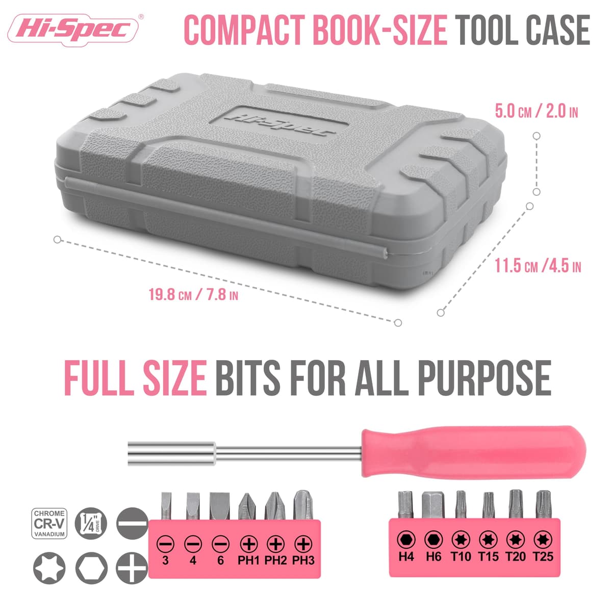 Hi-Spec Pink Small Tool Kit for Home DIY, Repairs & Crafts – 24pc Lady Tool Set with Mini Hammer, Pliers, Screwdriver Set, Hex Keys & Tape Measure in Compact Tool Box Case – Gift for Women — view 3