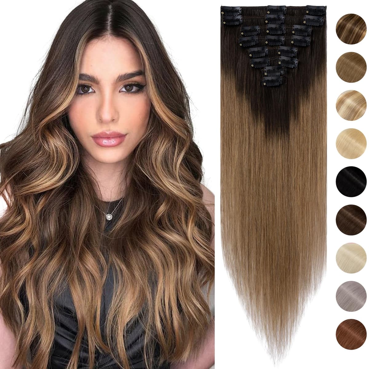 Silk-co 10inch Hair Extensions Clip in Hair Extension Human Hair #04 Medium Brown -Basic Thickness-Thin Weft- 8 Pieces Real Remy Straight Hair Extensions[50g] — view 44