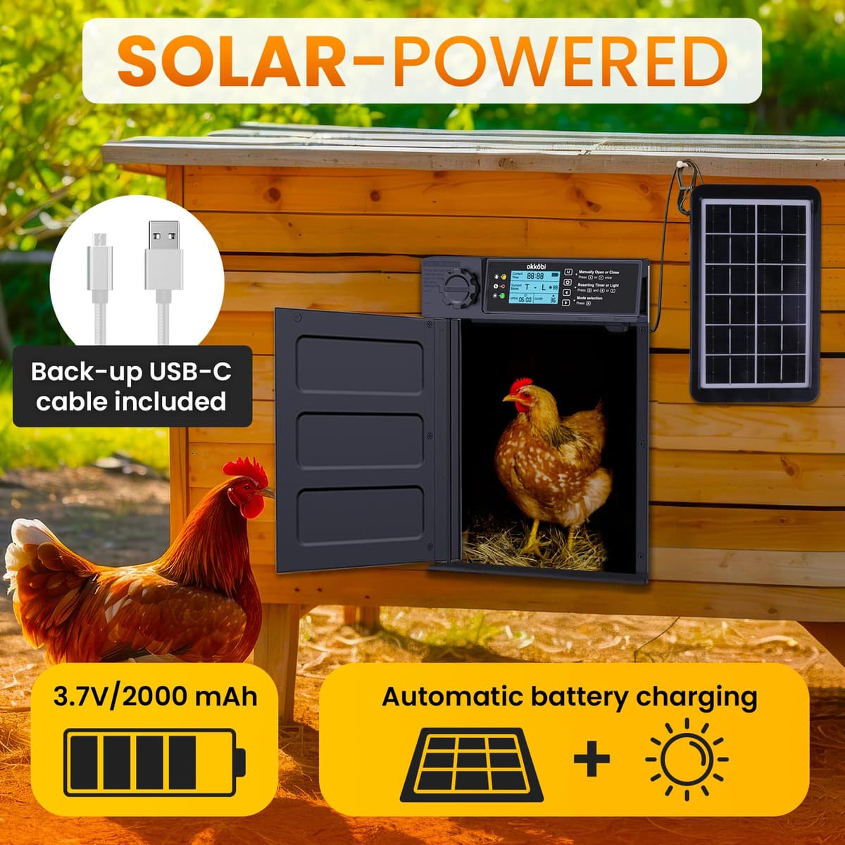 Okköbi Automatic Chicken Coop Door PRO - Light Sensor & Timer - Anti-Pinch Function - Wide Opening - New Model - Solar Powered with LCD Display & Remote Control - 5 Year Protection — view 2