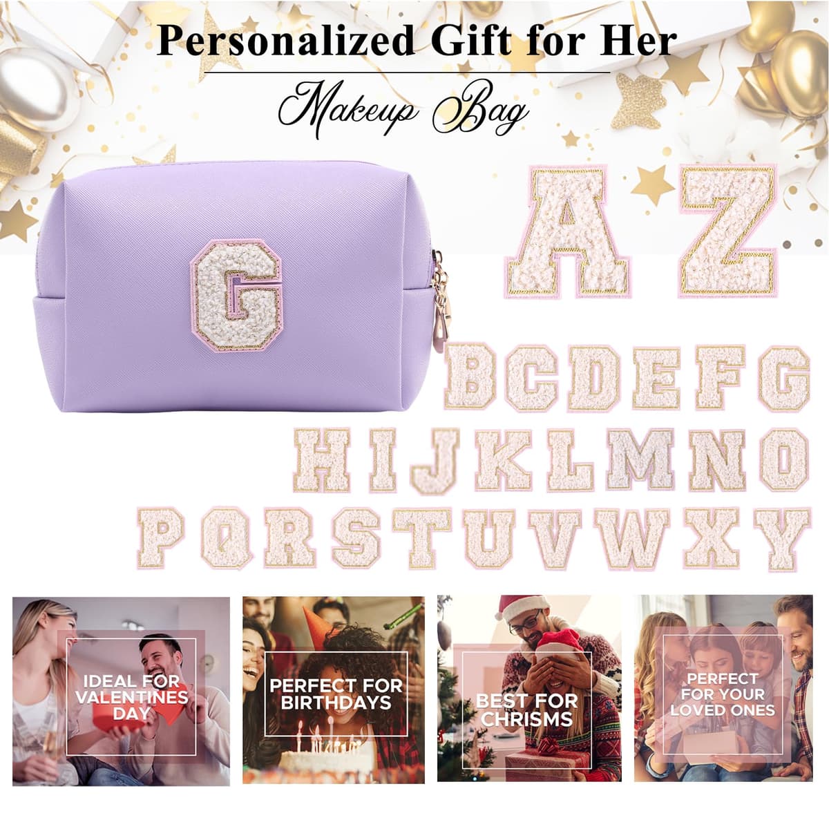 Personalized Makeup Bag,Waterproof Travel Makeup Pouch Cosmetic Bag Birthday Gift for Women Mom，Bride Bridesmaid Cosmetic Bag A-Z — view 5
