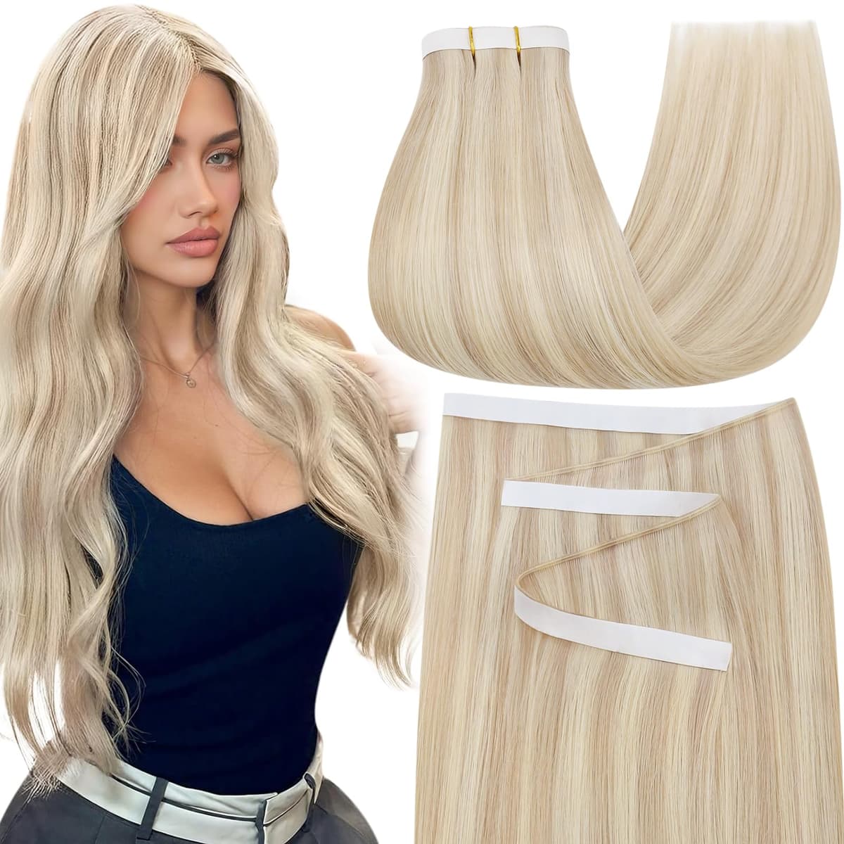 Moresoo Tape in Human Hair Extensions 20 Inch Highlight 50g/20pcs Tape in Hair Extensions Human Hair Ash Blonde with Platinum Blonde #P18/613 — view 50