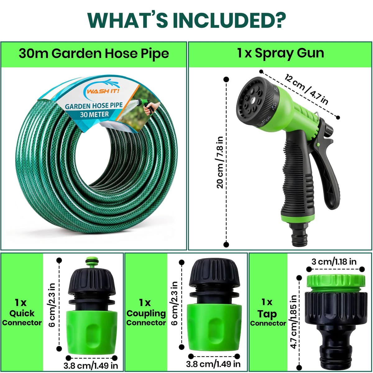 Garden Hose Pipe with Connectors and Hosepipe Spray Gun - Reinforced Garden Hose Set Including Adjustable Hosepipe Spray Gun, Tap Connector and 2 Couplers for Plant Watering and Car Washing (30m) — view 4