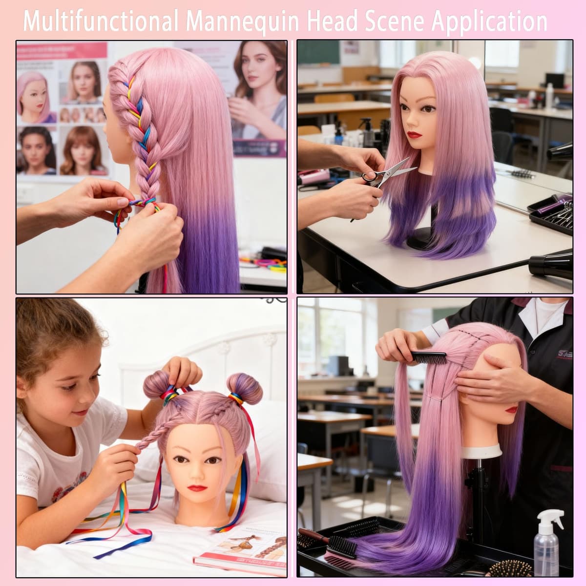 Cabeza de Maniquí de Peluquería, TopDirect 29"/75cm Cabeza Maniquí 100% de Cabello Sintética Cabeza de Muñeca para Peinar y Maquillar Practicas Formación con Soporte de Mesa y Accesorios(Rosa Violeta) — view 4
