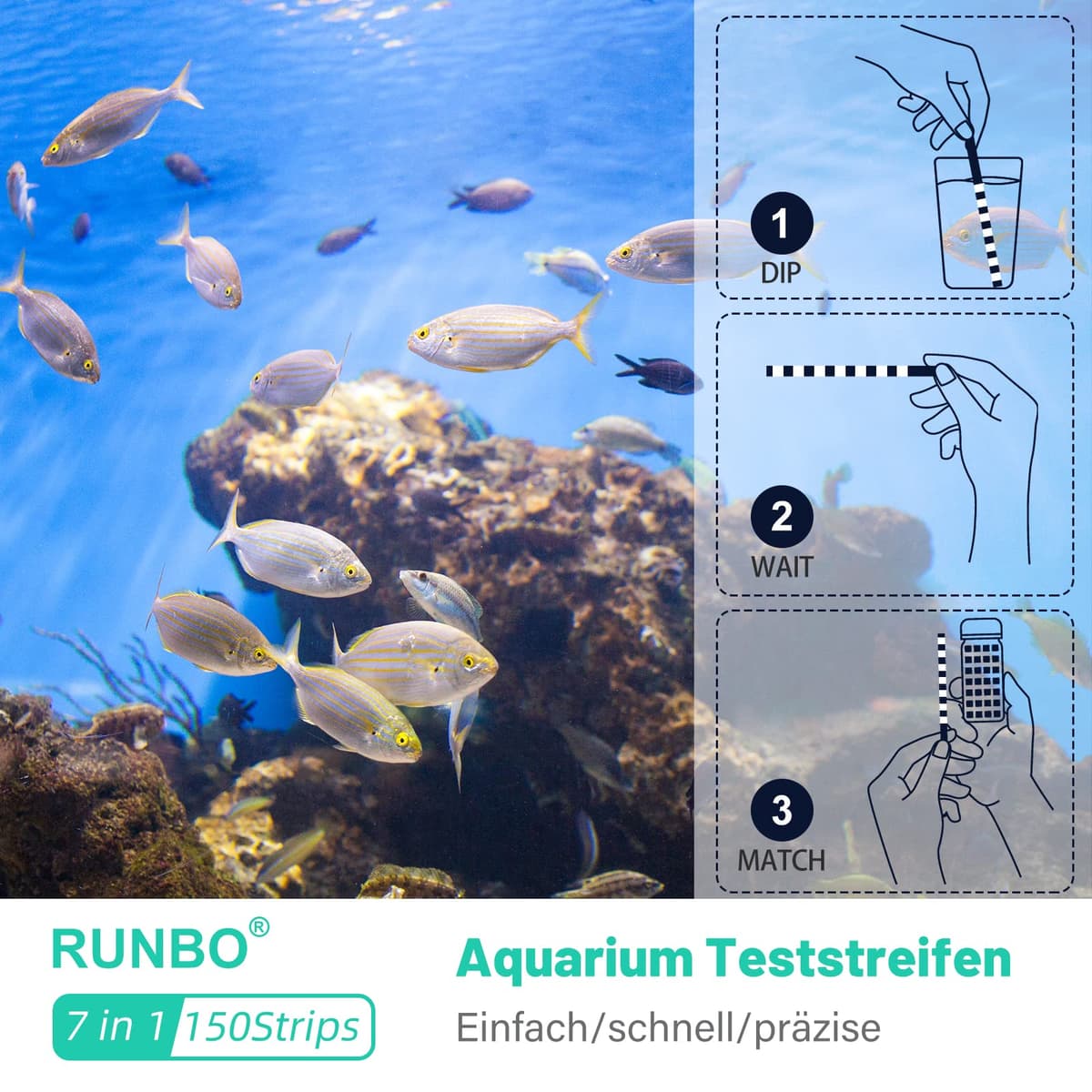 RUNBO Tiras de prueba 7 en 1 para acuario, 150 unidades, kit de prueba de acuario para estanque de peces de agua dulce, prueba precisa de la dureza total alcalinidad total carbonato nitrato nitrito — view 3