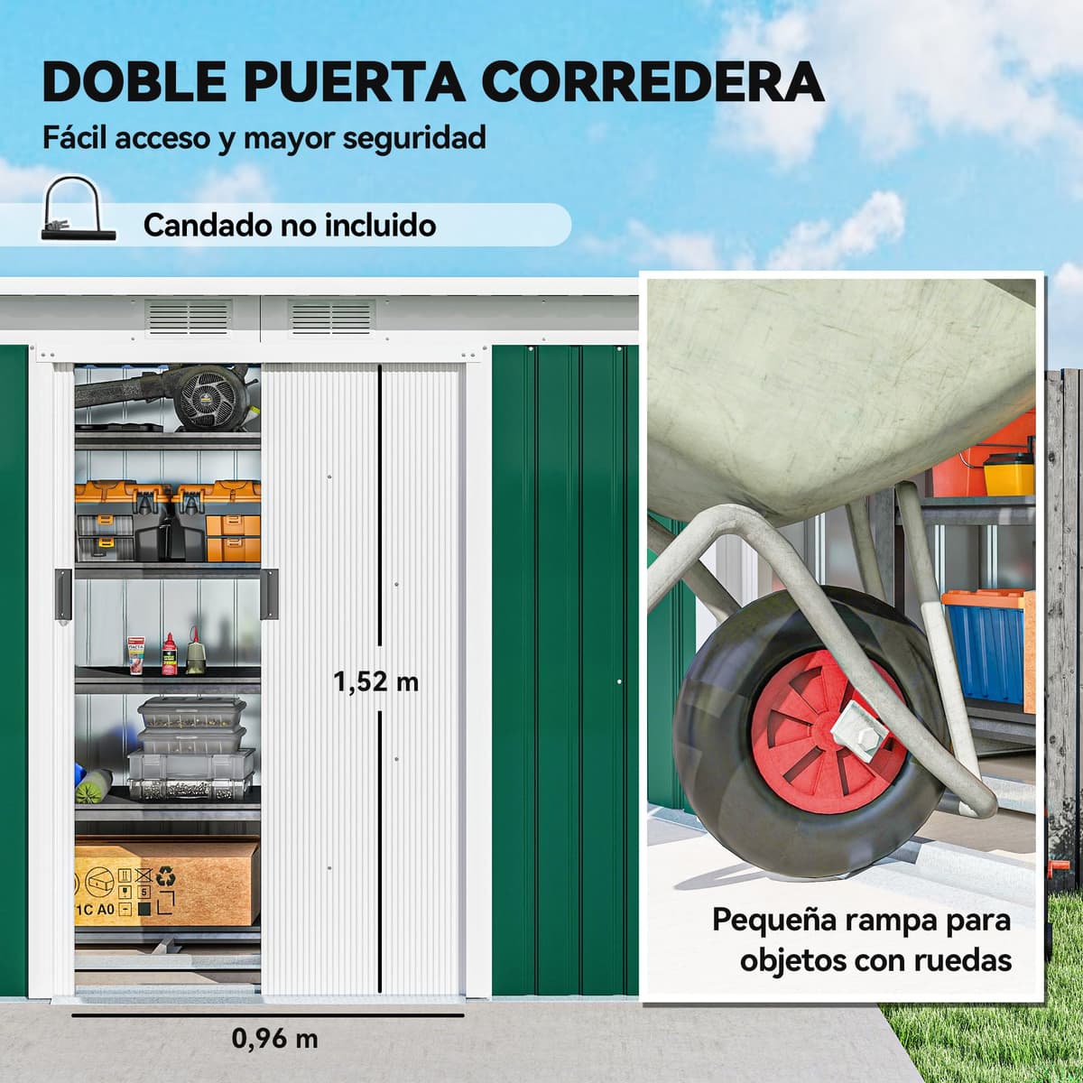 Outsunny Caseta de Jardín Exterior 3,2 m² 280x130x172 cm Cobertizo de Jardín Exterior con Puerta Corredera Techo Inclinado Base Refuerzo (Suelo NO Incluido) y 2 Ventanas Verde Oscuro — view 4